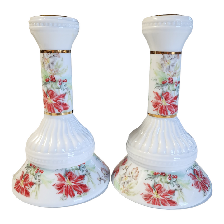 6" Vintage Colonial Candle of Cape Cod Poinsettia Candle Holder Pair 