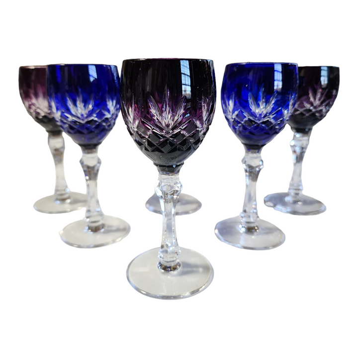 Bohemia Crystal Cut to Clear Overlay Colored Cordial Glasses Set of 6