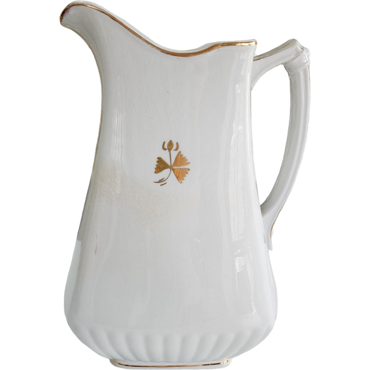 12" Powell Bishop & Stonier Royal Ironstone Tea Leaf Center And Trim Embossed Ribs Farmhouse Pitcher  