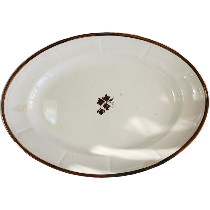  14" Anthony Shaw Tea Leaf Copper Band White Ironstone Oval Serving Platter