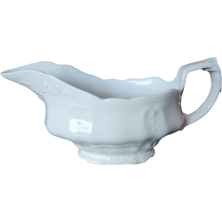  Antique Johnson Bros England White Ironstone Embossed Scrolls Gravy Boat