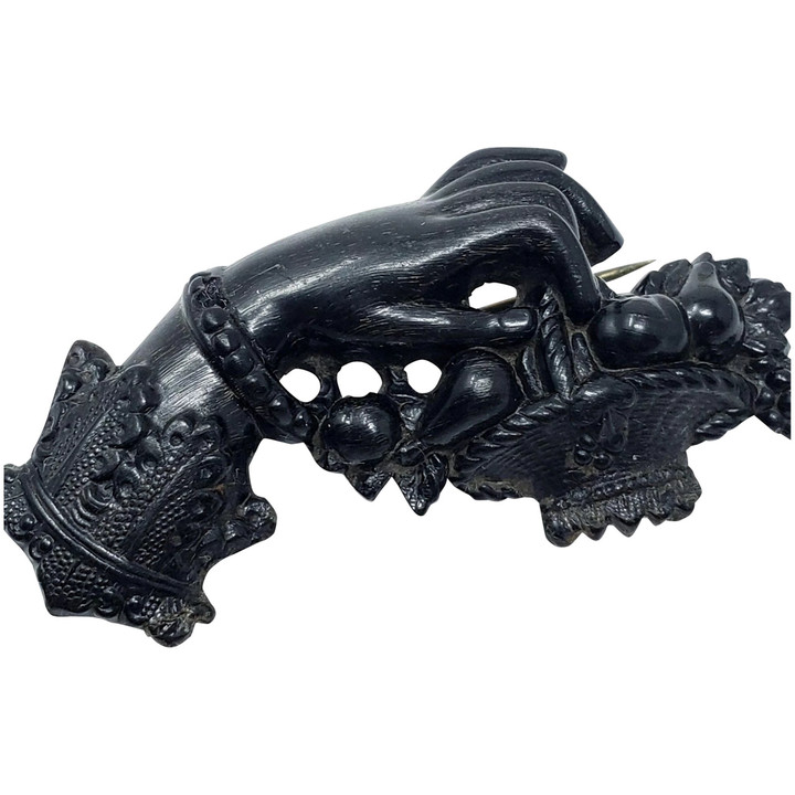 Antique Victorian Mourning Bog Oak Pin in Gilt Brass