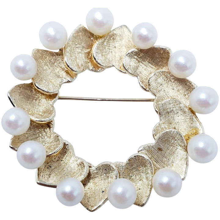 Saltwater Mikimoto Pearl FJG Pin/Brooch in 14K Gold