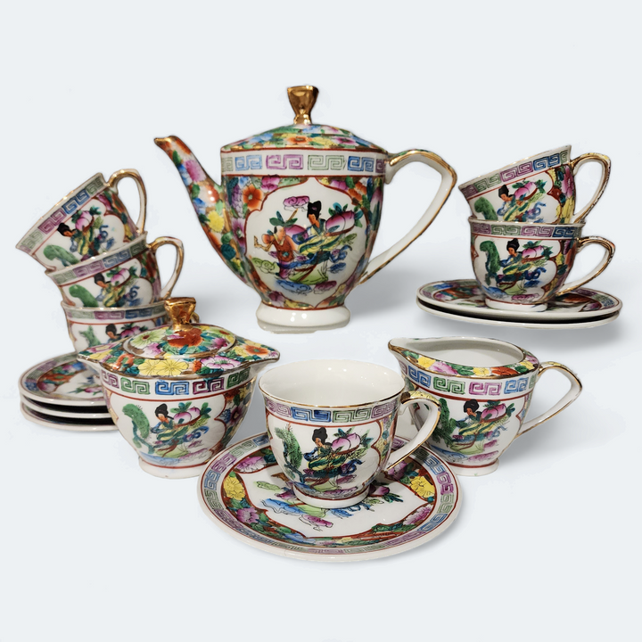 Chinese Hand Painted Chinese Scenery and Florals Tea Service for Six 