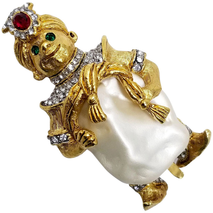 Kenneth Jay Lane Smiling Genie Crystal Pin in Gold