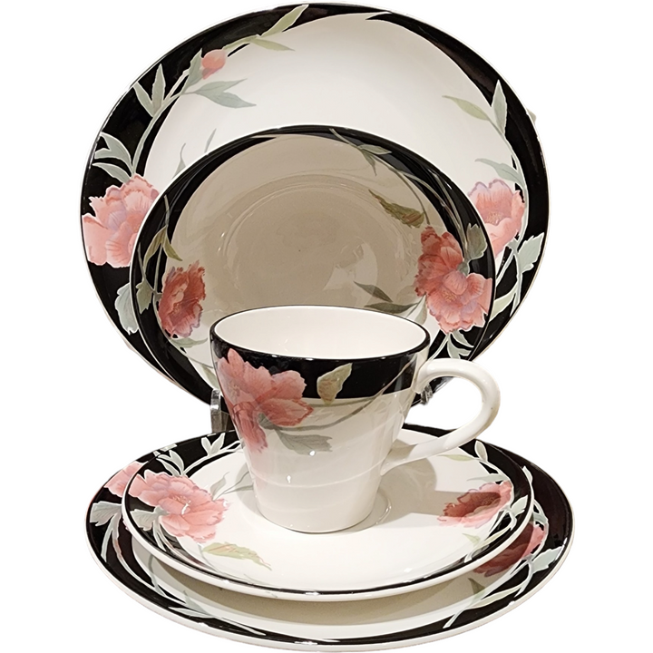 Sango Impression Black, Pink Roses & Gray 5 Piece Place Setting    