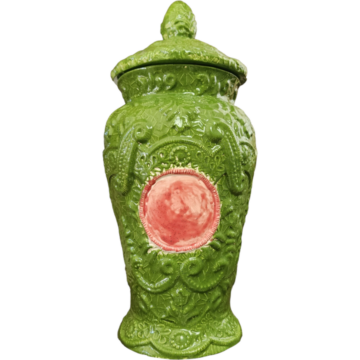 13" Large Green Porcelain Lidded Jar Urn