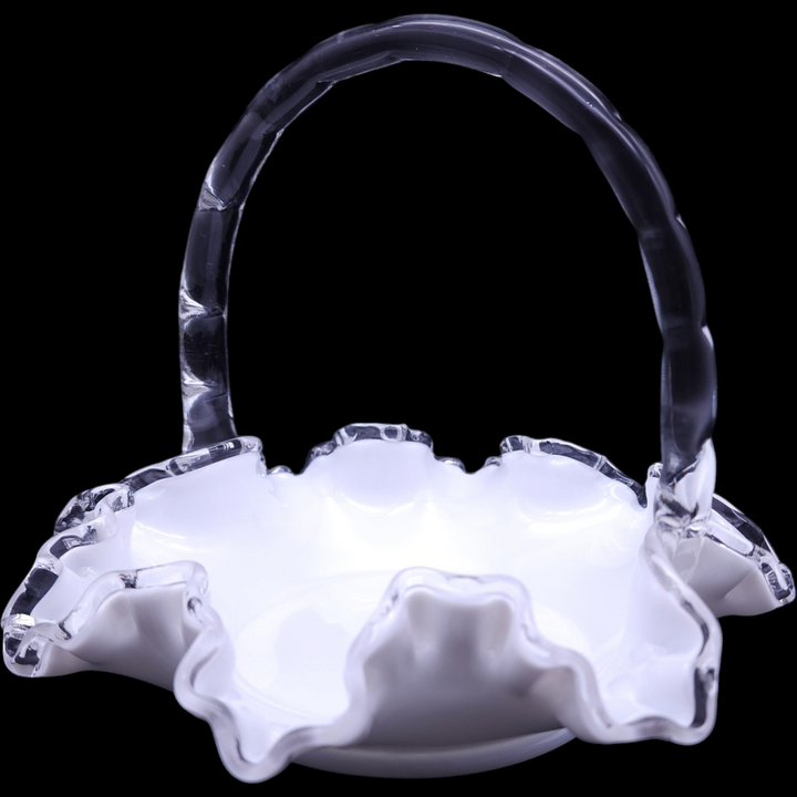 Fenton Silver Crest Clear Crimped On Milk Glass 8" Basket