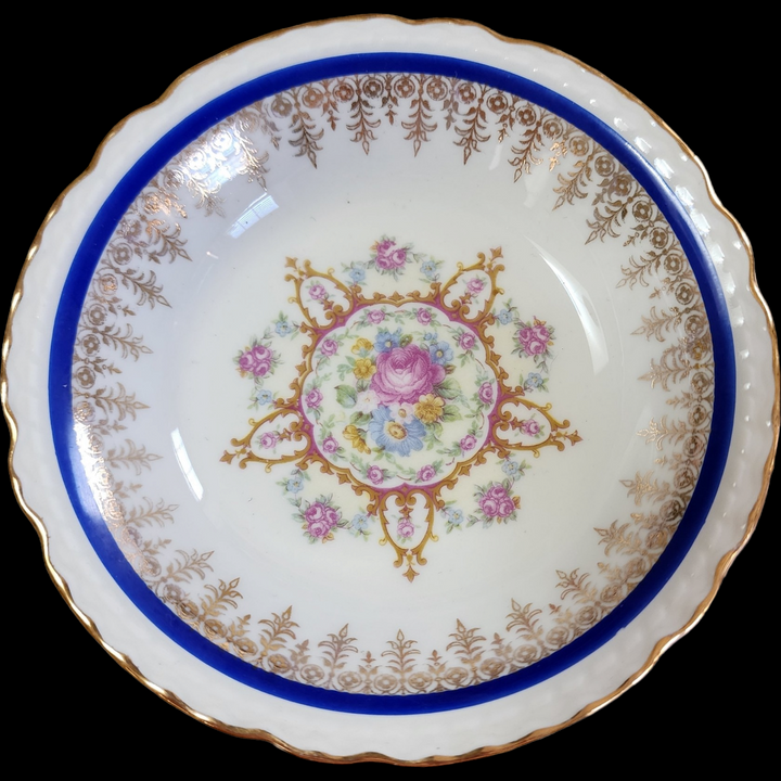 5" Embassy Vitrified China American Floral Center Cobalt Blue Band Gold Filigree Fruit Dessert Sauce Bowl