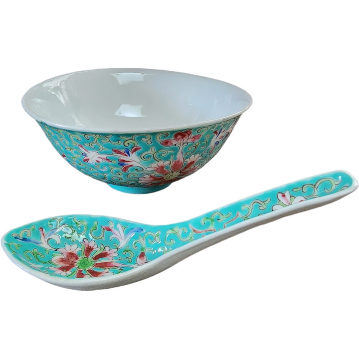 Famille Rose Turquoise Glazed Bowl and Spoon Qianlong Mark on the Base