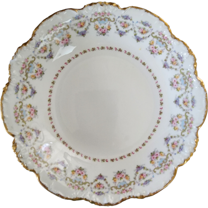 9" Jean Pouyat Multicolor Flowers, Green Scrolls Limoges France Round Vegetable Bowl