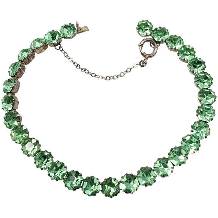 Antique Victorian Sterling Silver Faceted Peridot Colored Rhinestone Bracelet