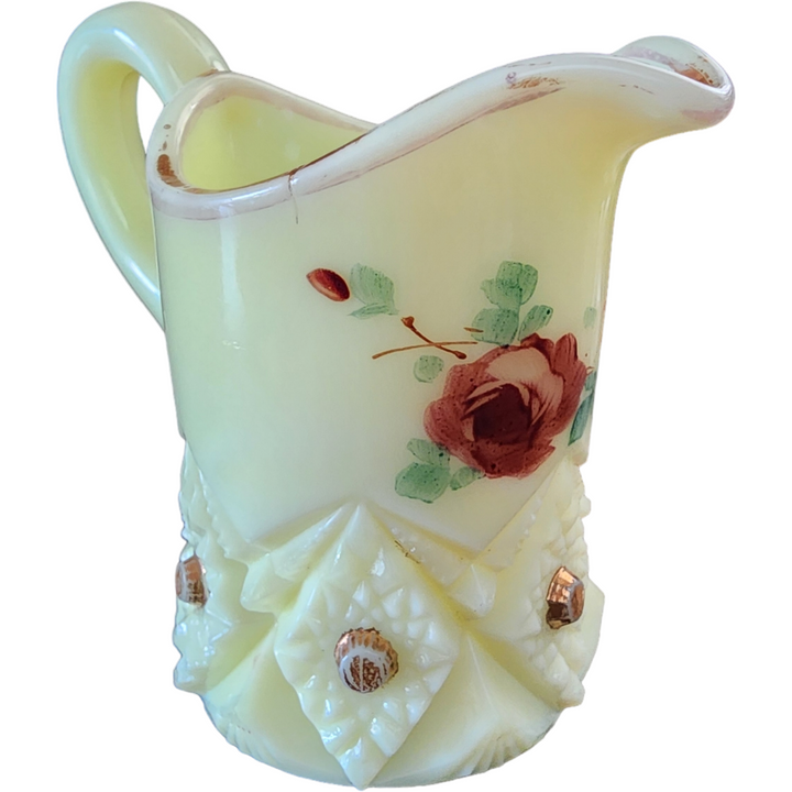 Heisey Rose Floral Uranium Glass UV Glows Yellow Milk Glass Miniature Pitcher  