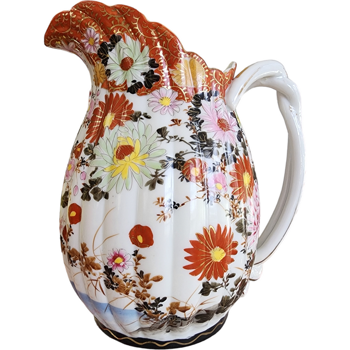 Antique Japanese Hand Painted Ribbed Pitcher