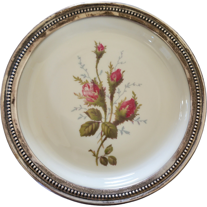 Rosenthal - Continental Pompadour Ivory Moss Rose Wine Bottle Coaster with Sterling Rim