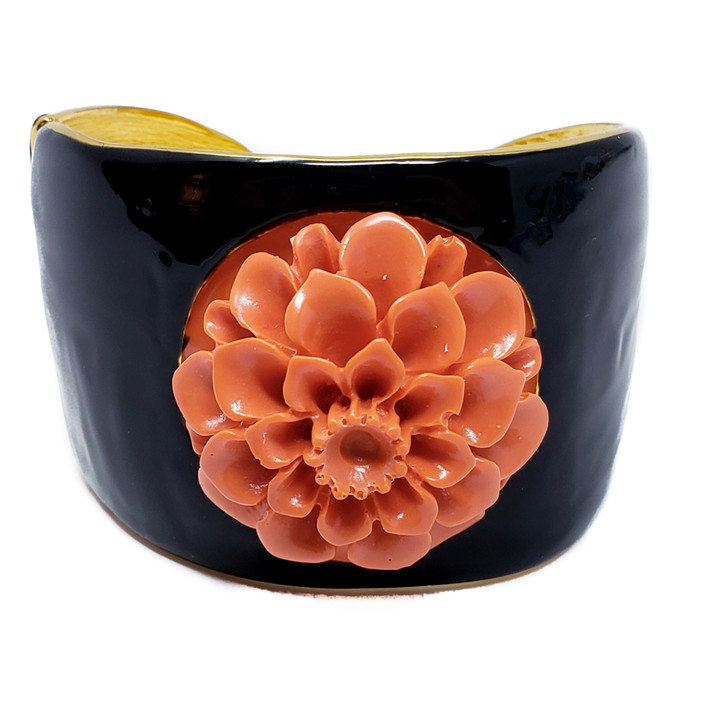 Kenneth Jay Lane KJL Coral Dahlia Flower Black Enamel Cuff Bracelet