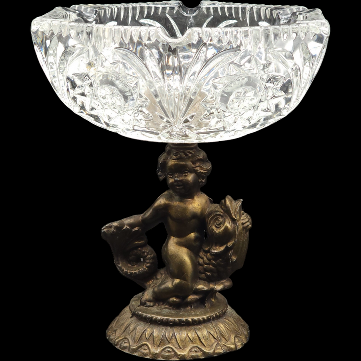 Cornell University Cut Glass Ashtray with Cherub and Koi Fish Metal Base