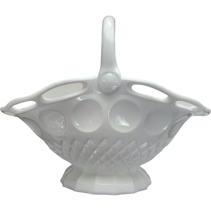 Large Milk Glass Waffle Pattern Lacey Edge Fruit Basket Centerpiece