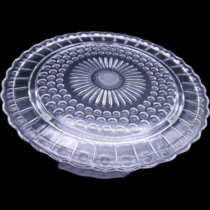 Federal Glass Dots Panels Sunburst Clear Pressed Glass Footed Cake Plate