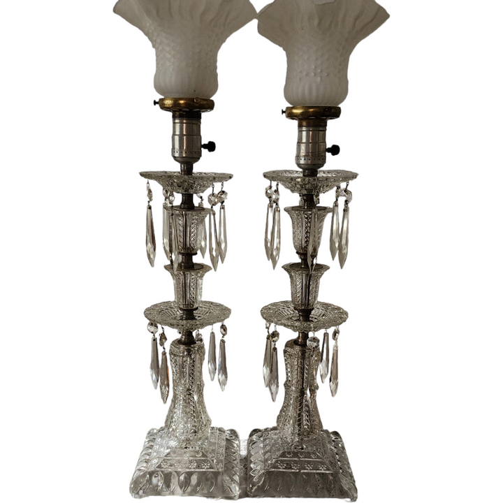 Hollywood Regency Crystal Prisms Waterfall  With Bases Lamp Pair
