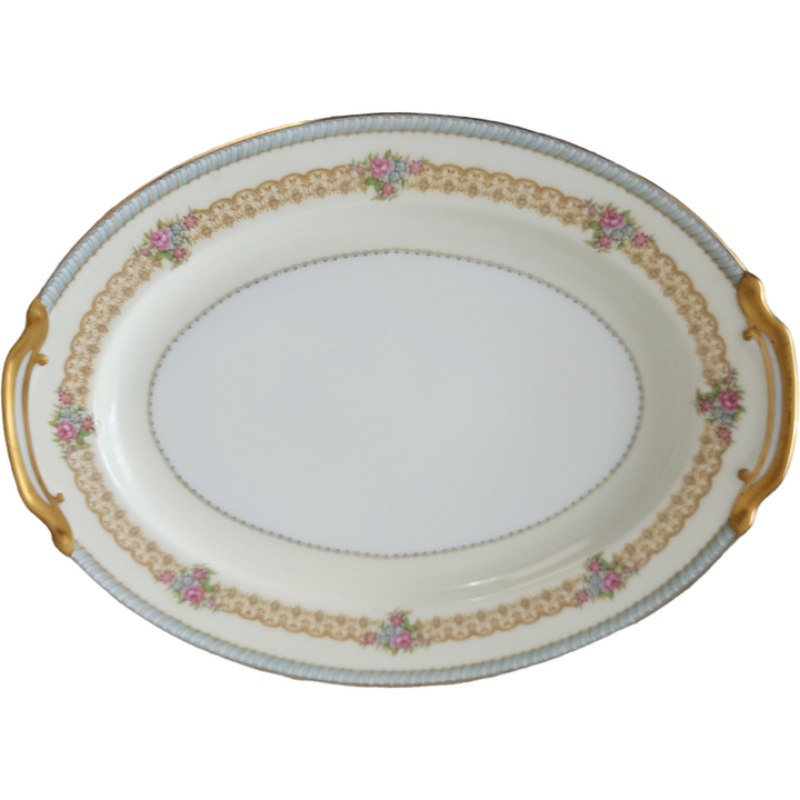 16" Noritake Juno Blue & Tan Band Flowers Tan Scrolls Oval Serving Platter
