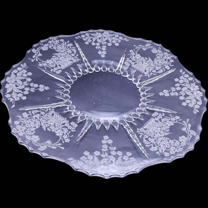 New Martinsville Flower Basket-Clear Etch Design Torte Plate
