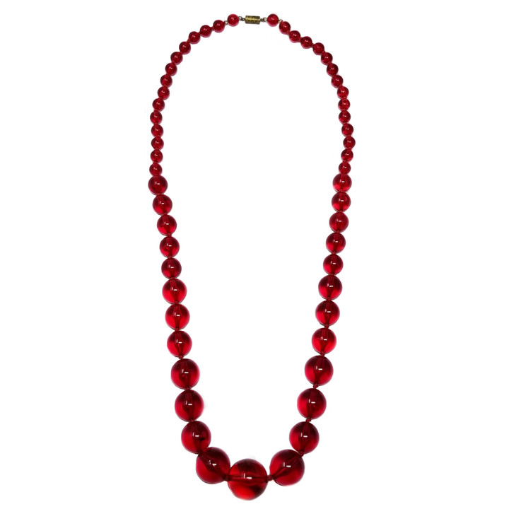 Bright Candy Red Vintage Plastic 27" Graduated Bead Necklace