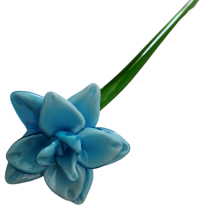 Art Glass Blue Daffodil Hand Blown Green Stem Flower Murano Style