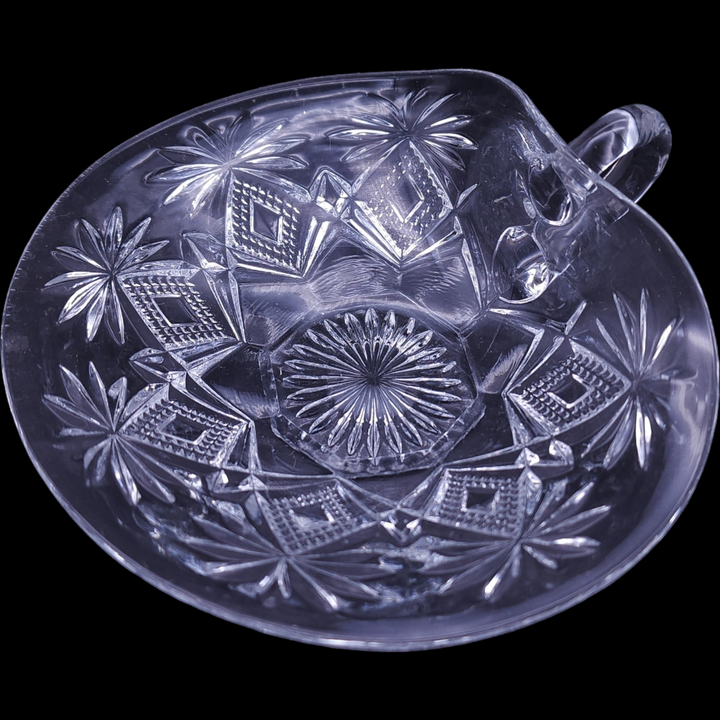 US Glass Shoshone Clear Pressed Glass Star & Fan Dish with Handle Nappy