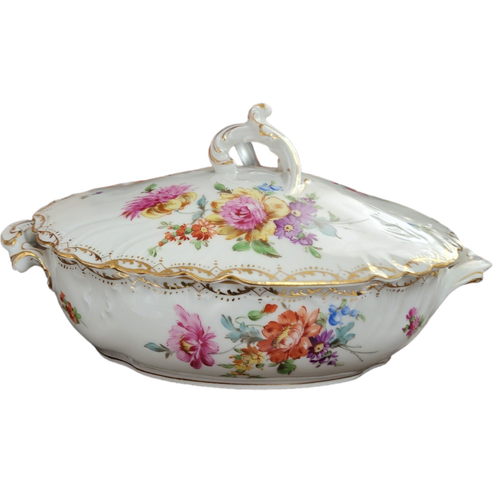 Rauenstein Porcelain Multicolor Floral Gold Scrolls Oval Covered Vegetable Bowl