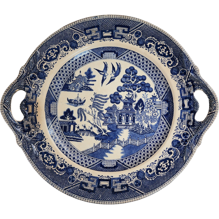 Antique Buffalo Pottery Blue Willow Handled Torte Plate