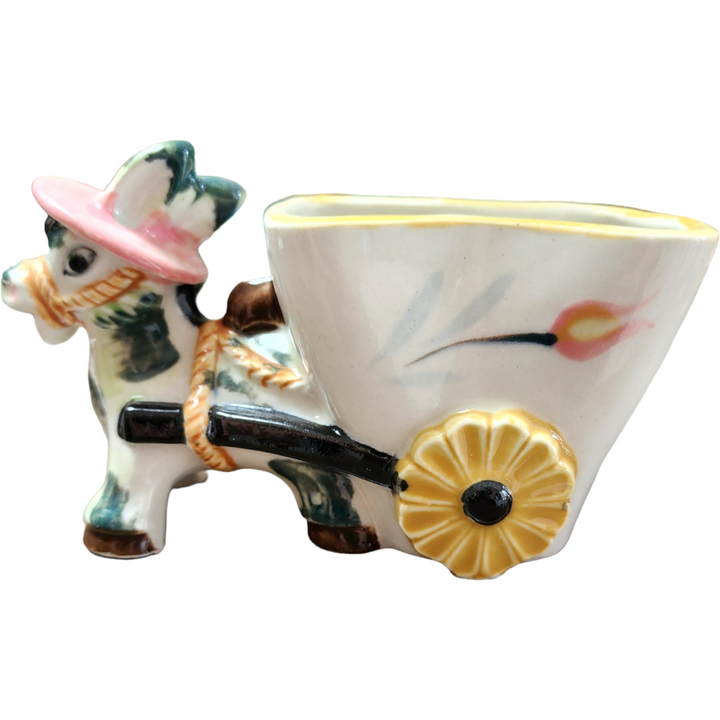 Ucagco Pottery Small Donkey Pulling Cart Hand Painted Planter Japan