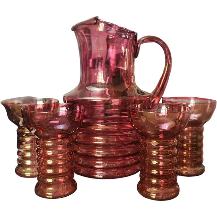 Dunbar Ring Pink Iridescent Flashed Optic Glassware Set