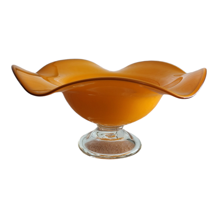 Teleflora MCM Orange Handblown Art Glass Ruffled Footed Compote Pedestal Bowl