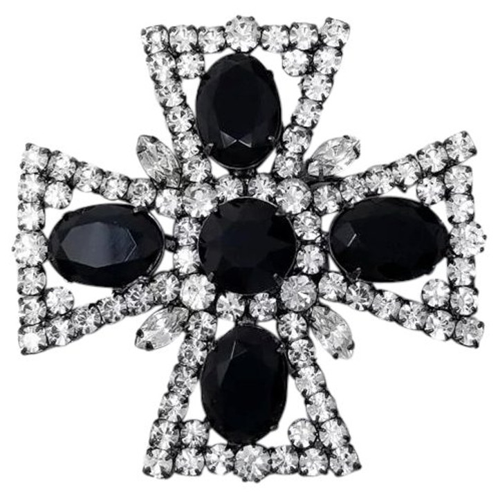 Kenneth Jay Lane KJL Jet & Clear Crystal Embellished Maltese Cross