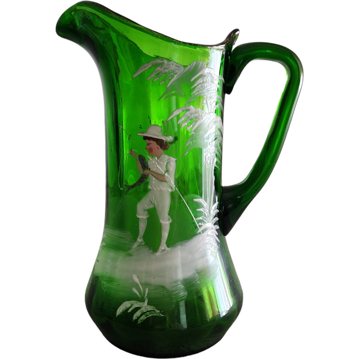 Victorian Mary Gregory White Enameled Figure on Emerald Green Glass Pitcher