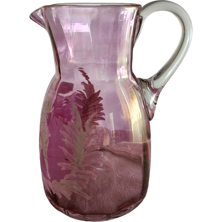 Fenton White Enameled Figures On Cranberry Glass Pitcher