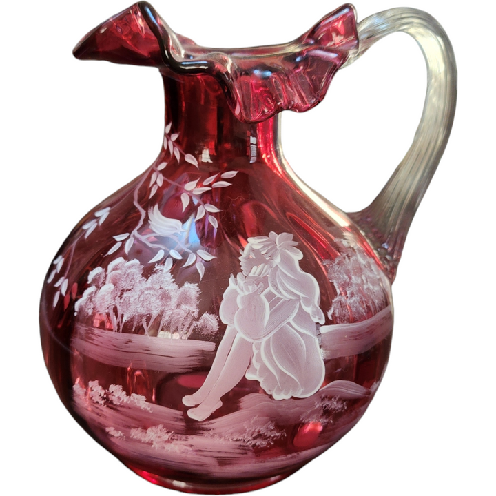 Fenton Cranberry Glass Hand-Painted Pitcher with Mary Gregory Style Enamel