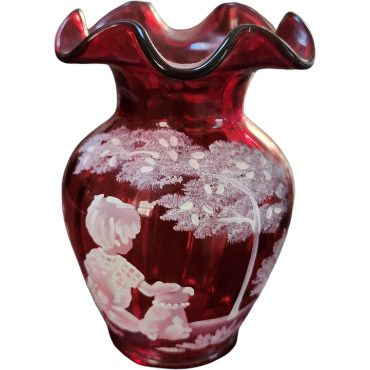 5" Fenton Cranberry Glass Hand-Painted Vase with Mary Gregory Style Enamel