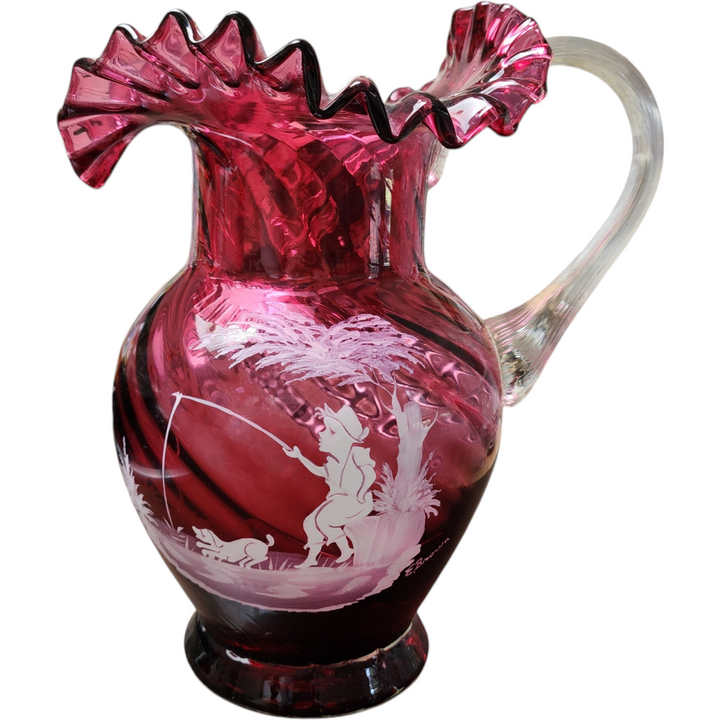 Fenton Cranberry Glass Hand-Painted Mary Gregory Ruffled Rim Pitcher