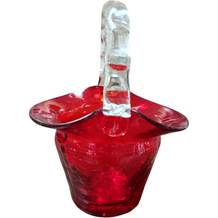 5" Ruby Red Art Crackled Glass Handbag Basket Vase