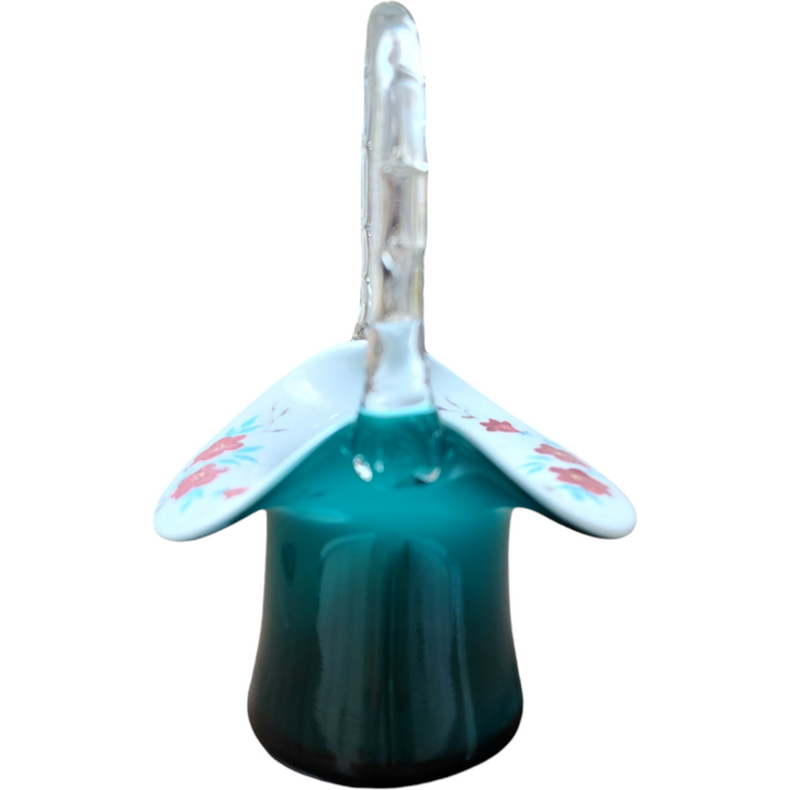 7" Fenton Art Glass Teal Overlay Hand Painted Hat Basket Vase