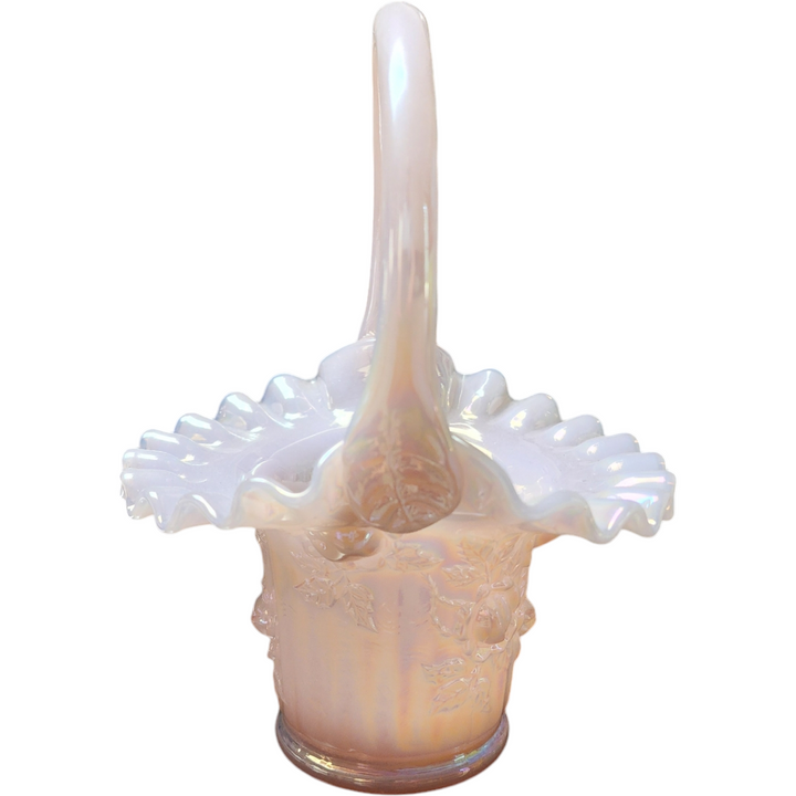 7" Fenton Art Glass Lily of the Valley Rose Magnolia Champagne Basket Opalescent Vase