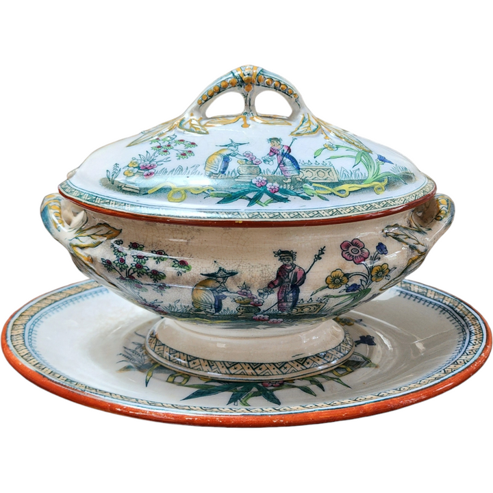 Edge Malkin & Co Chang White Chinoiserie Covered Serving Dish with Underplate