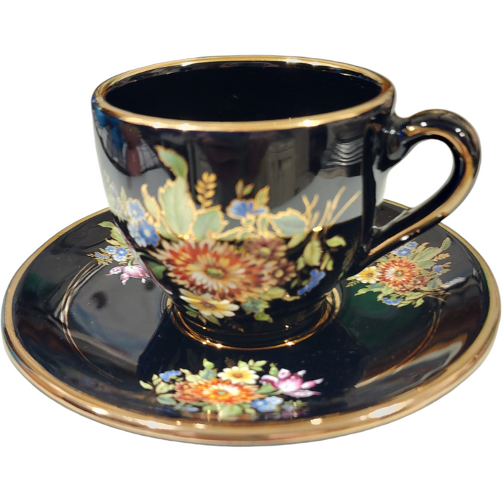 Manousakis Keramik Greece 24K Gold Black Glazed Flat Cup & Saucer Set