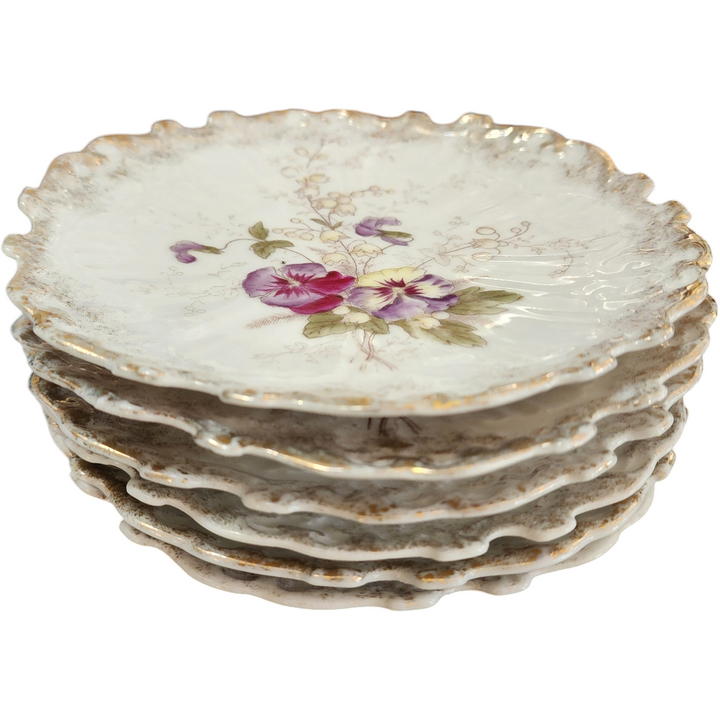 European Porcelain Set of 6 Antique Hand-Painted Scalloped Edges Floral Dessert Plates with Gold Trim