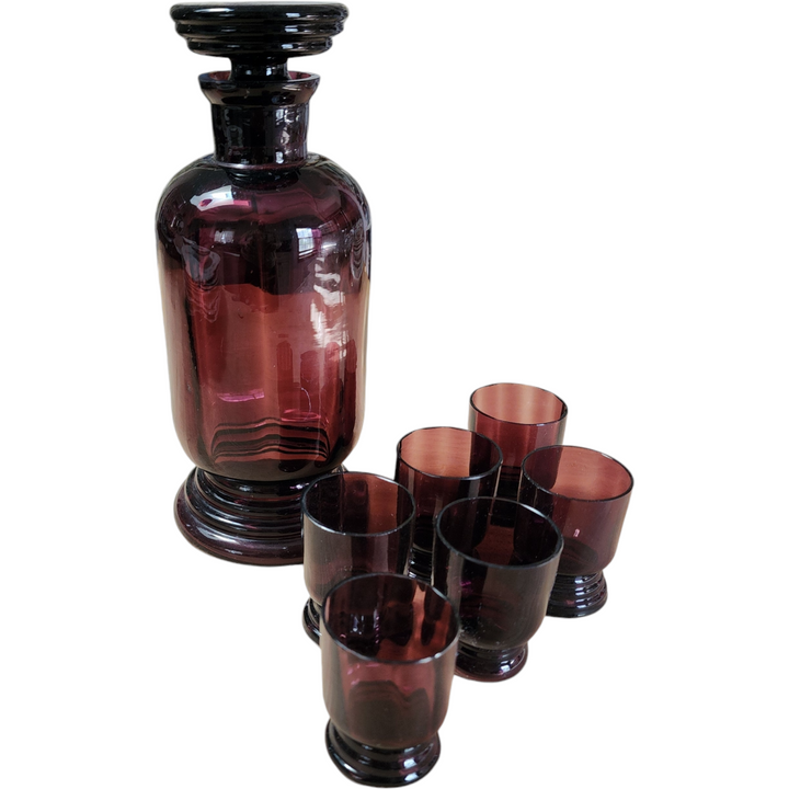 Mid-Century Modern Amethyst Purple Decanter Set with Six Glasses