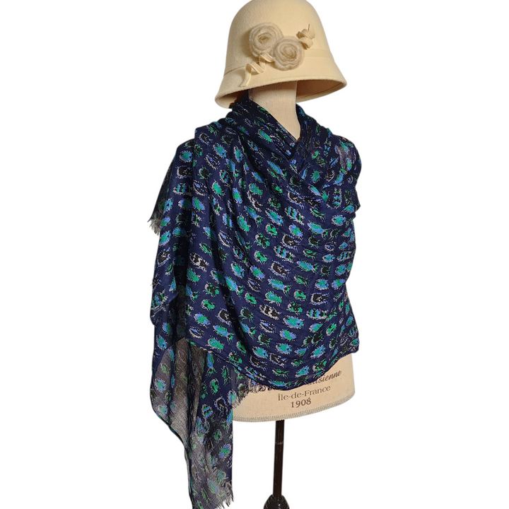 Navy Blue Insect Print Scarf Wrap Lightweight Vintage Boho Shawl with Beetle Motif