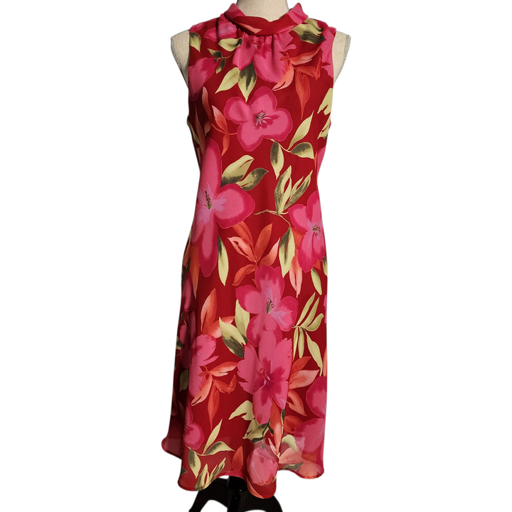 Vintage 1990s K Petite Red Floral Sleeveless Midi Dress  Made in USA