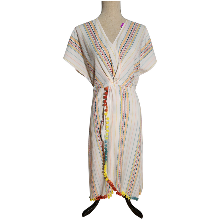 America & Beyond Multicolor Striped Pom-Pom Wrap Dress Boho Resort Style